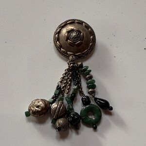 Vintage silver, jade and black Onyx hanging pin